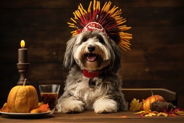 Dog dressed in Thanksgiving costume, pet celebration.