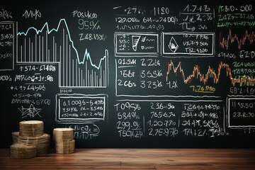 Finance educational concept, chalkboard with hand-drawn economics graphs, learning investment - obrazy, fototapety, plakaty