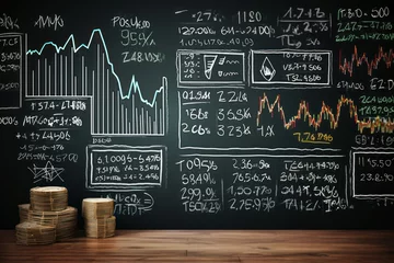 Fotobehang Finance educational concept, chalkboard with hand-drawn economics graphs, learning investment © Lucija