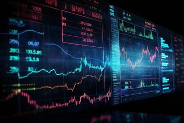 Fintech interface showing stock market data, futuristic financial analysis, algorithmic trading - obrazy, fototapety, plakaty