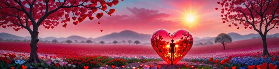 Abstract banner surrealistic painting of man on the background of translucent heart, concept Valentine's or birthday or Mother's Day or Women's Day.