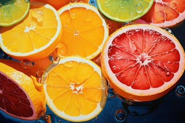 Glistening slices of citrus fruit with vibrant juicy segments - obrazy, fototapety, plakaty