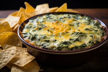 Hot and cheesy spinach artichoke dip with tortilla chips - obrazy, fototapety, plakaty