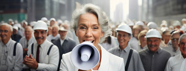 Labor International workers day. Senior woman speech a protest in a megaphone on city street. A crowd of old working men in rally. Pensioner yells into a bullhorn on people background. Female leader. - obrazy, fototapety, plakaty