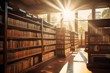 Library shelves bathed in sunlight, symbolizing knowledge and learning.