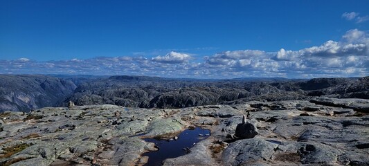 Panoramic shot of a vast flat, rocky mountain top under cloudy, blue sky