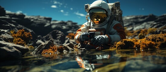 Astronaut sitting on a rock and holding a camera. - Powered by Adobe