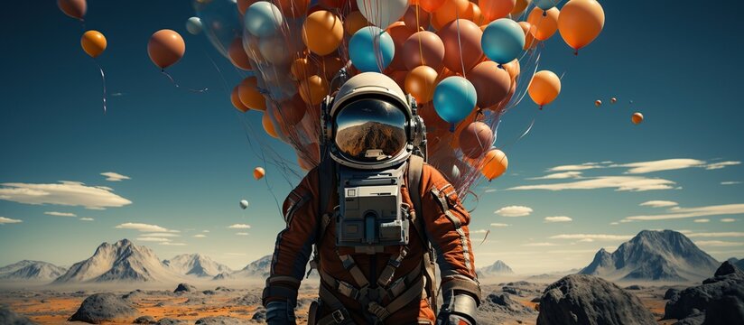 Astronaut in space suit and helmet with balloons.