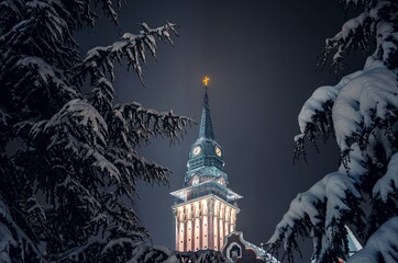 Winter night, town house in Subotica, Serbia.