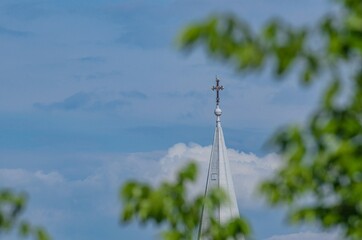 Beautiful blue sky and church tower.