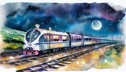 Fotobehang Midnight train on the rails watercolor art illustration © CreativeStock