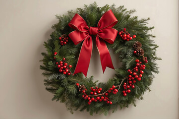 christmas wreath with red ribbon