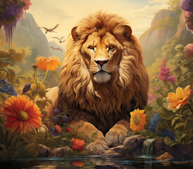 Male Lion Surrounded by Beautiful Flowers