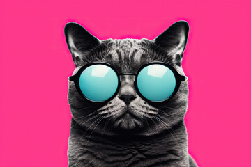 Cat wearing Sunglasses on a Pink background 