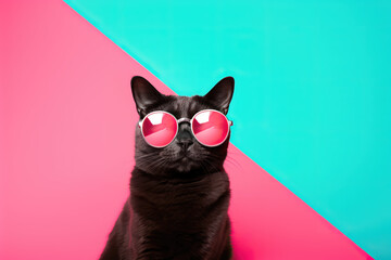 Cat wearing Sunglasses on a Pink and Blue background 
