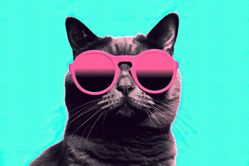 Cat wearing Sunglasses on a Blue background 