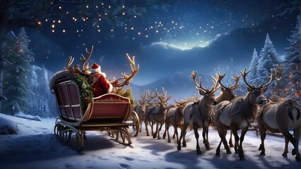 christmas sleigh in the snow at night - obrazy, fototapety, plakaty