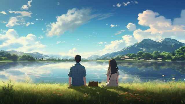anime scene of Young loving couple enjoys by the river  on summer