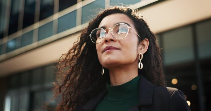Smile, vision and city with a business black woman outdoor for opportunity, energy or inspiration. Face, thinking and glasses with a happy young employee looking to the future in an urban town