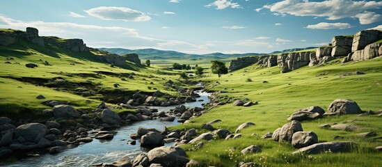 Panoramic view of a mountain river flowing through the grassland - obrazy, fototapety, plakaty