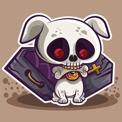 Cute Skeleton Dog Enjoying Its Bone Treat,Vector Illustration in Sticker Style