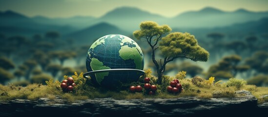 Globe and cherry on moss with nature background.