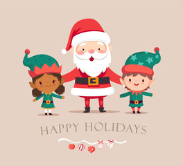 Little Christmas elves and Santa Claus together. Multicultural Little Santa's helpers and Santa Claus Set. Cartoon flat vector illustration.
