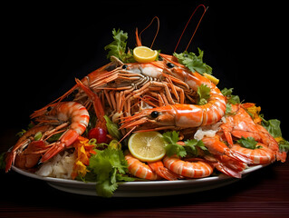 Seafood platter and fish fillet, salmon fillet, tuna fillet, octopus and squid, crab, grilled sea food, sea food and fish fillet for diet and nutrition, ai generated photo