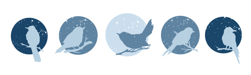 Set of round winter icons of birds on branches and falling snow. Seasonal decor for Christmas, New Year holidays. Vector graphics.