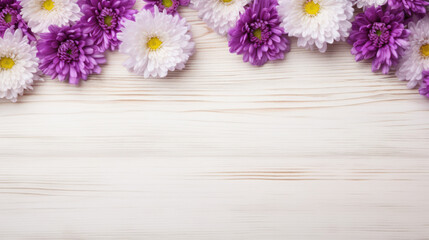 Asters on Wooden Background, Beautiful Flowers, Autumn Floral, Copy Space. Generative AI