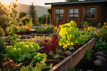 Fototapeta na wymiar a contemporary garden, wooden raised beds are used to grow vegetables, herbs, spices, and flowers next to a wooden farmhouse in the countryside