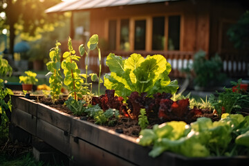 Fototapeta na wymiar a contemporary garden, wooden raised beds are used to grow vegetables, herbs, spices, and flowers next to a wooden farmhouse in the countryside