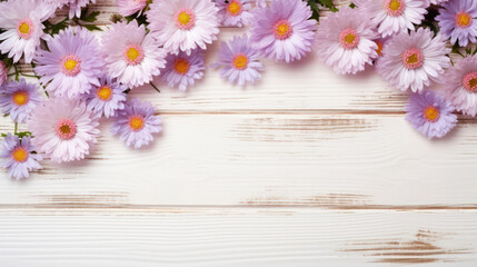 Obraz premium Asters on Wooden Background, Beautiful Flowers, Autumn Floral, Copy Space. Generative AI