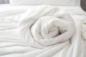 A white bed background with a folded white duvet on it. - Winterizing the home, domestic tasks, hotel linens, and home textiles
