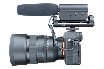 Photo, video camera with microphone. Digital or Dslr camera. Photographer or videographer studio equipment. Recording video film project. Professional blogger, television cam. Camera, display, lens