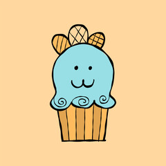 Ice cream character. Kawaii style icons with black outline