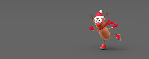 Reindeer with ice skates on grey background. Holidays concept with copy space 3d render 3d illustration