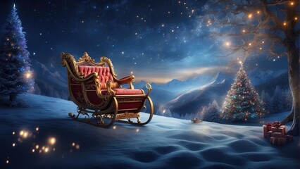 christmas sleigh in the snow at night - obrazy, fototapety, plakaty