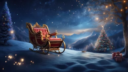 Fotobehang christmas sleigh in the snow at night © ahmudz