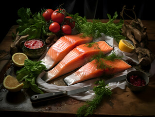 Seafood platter&nbsp;and fish fillet, salmon fillet, tuna fillet, octopus and squid, crab, grilled sea food, sea food and fish fillet for diet and nutrition, ai generated photo