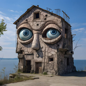 Mysterious House with Face Pareidolia. Generative AI.