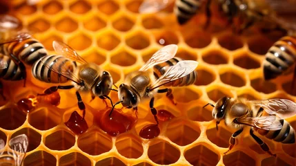 Crédence de cuisine en verre imprimé Abeille bee on honeycombs with honey slices nectar into cells.