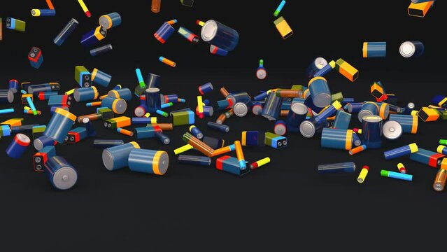 Hundreds of falling consumer batteries of different types - 3d illustration