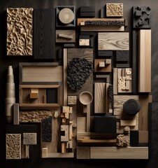 Flat lay composition of creative black architect moodboard with samples of building, wood and natural materials and stone. Top view,