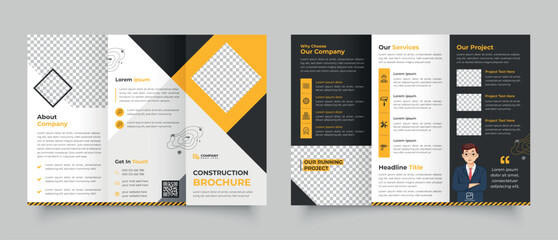 Construction business trifold brochure template design, building construction tri-fold - obrazy, fototapety, plakaty