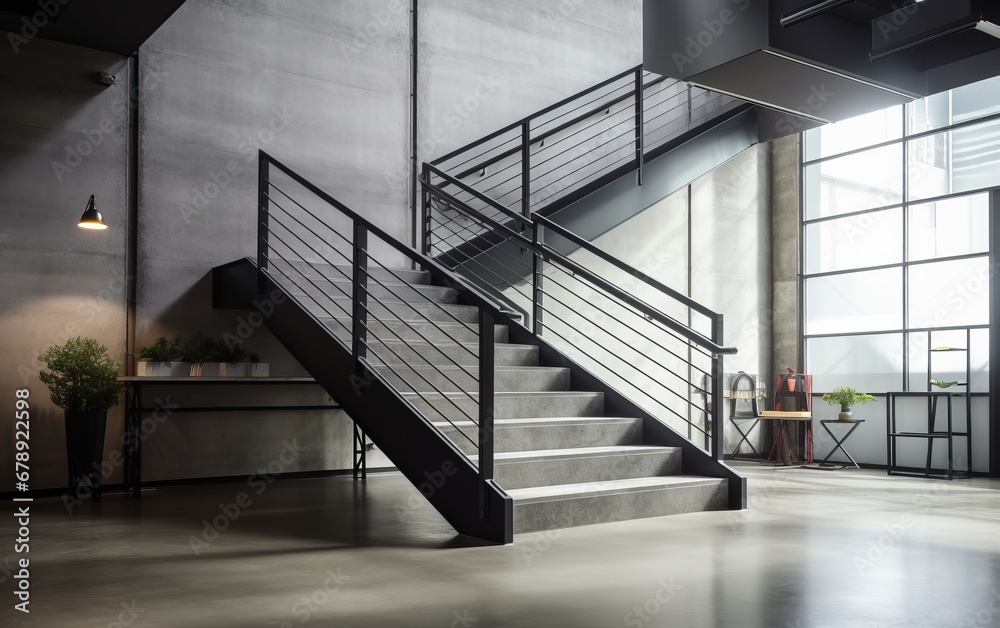 Wall mural a modern stairwell in an industrial setting with metal railings and concrete steps.