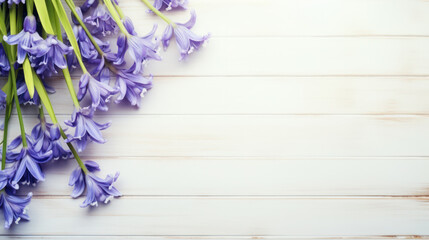 Bluebells on Wooden Background, Beautiful Flowers, Spring Floral, Copy Space. Generative AI