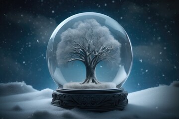 Snow covered tree, Snow globe, Crystal Ball in the snow, Snow globe winter wonderland, Christmas glass snowfall miniature wonder world, mini scene, globes, global sphere, winter earth
