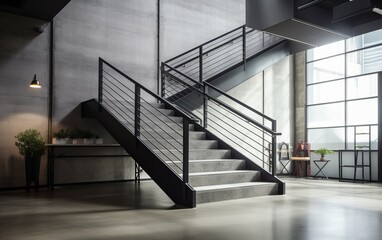 A modern stairwell in an industrial setting with metal railings and concrete steps. - Powered by Adobe