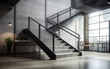 Foto op Canvas A modern stairwell in an industrial setting with metal railings and concrete steps. © Dina